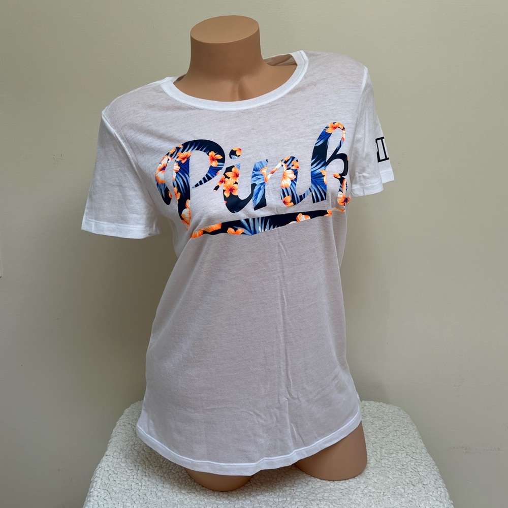 Victoria’s Secret Tee Shirt Top White with Blue Neon Tropical Palms Floral S